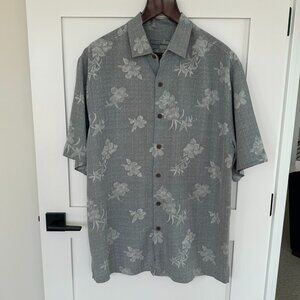 Tommy Bahama 100% Silk Hawaiian Camp Shirt, Grey & Cream Floral, Size L-Tall